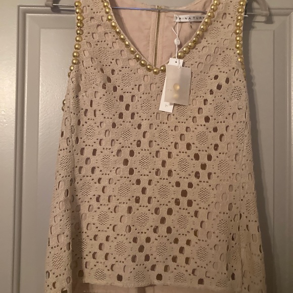 Trina Turk| Two Harbors Top  Beige | Contrast metallic beading at neckline  Sz S - Picture 3 of 9